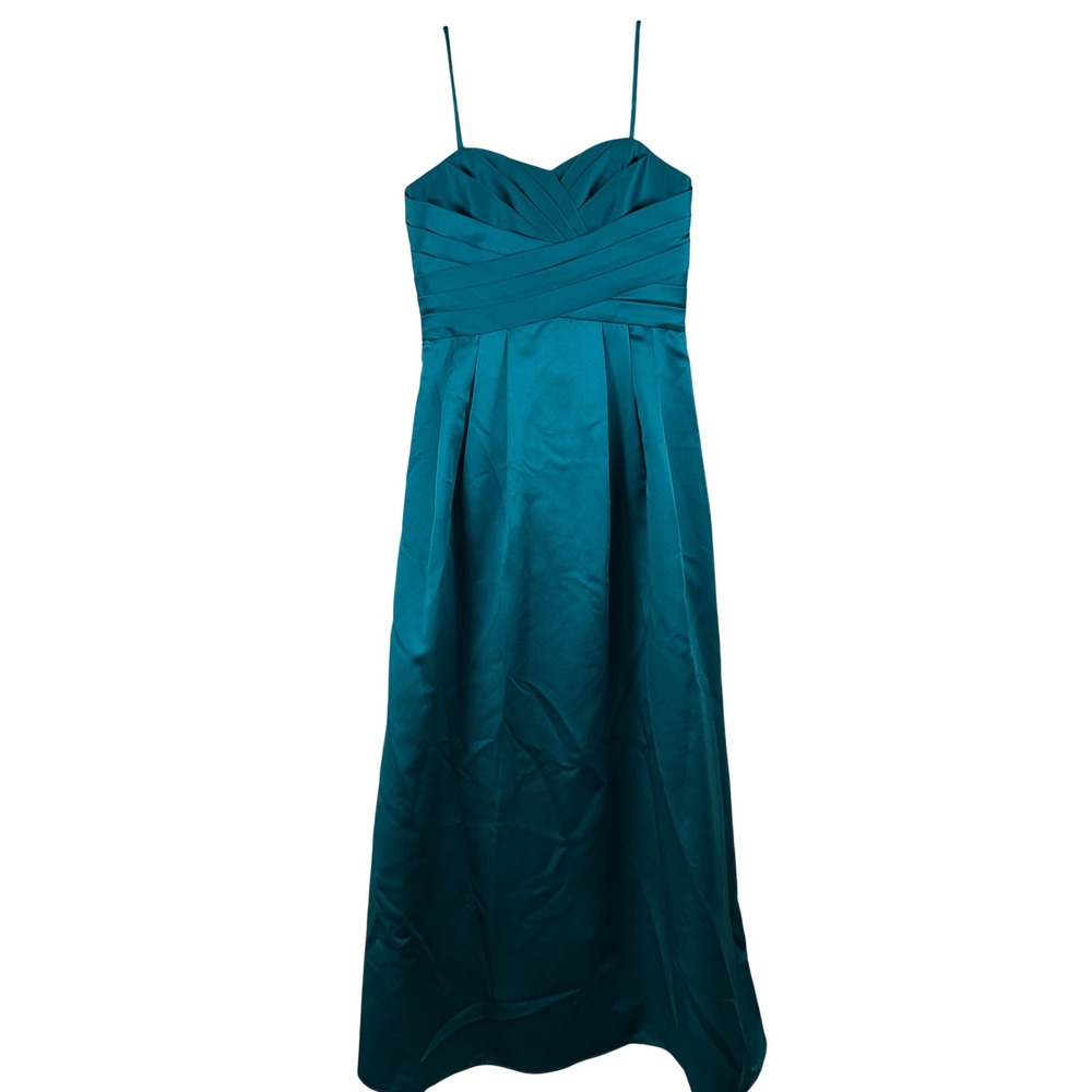 David's Bridal Satin Gown Women 12 Teal Formal Evening Pleated Prom Dress